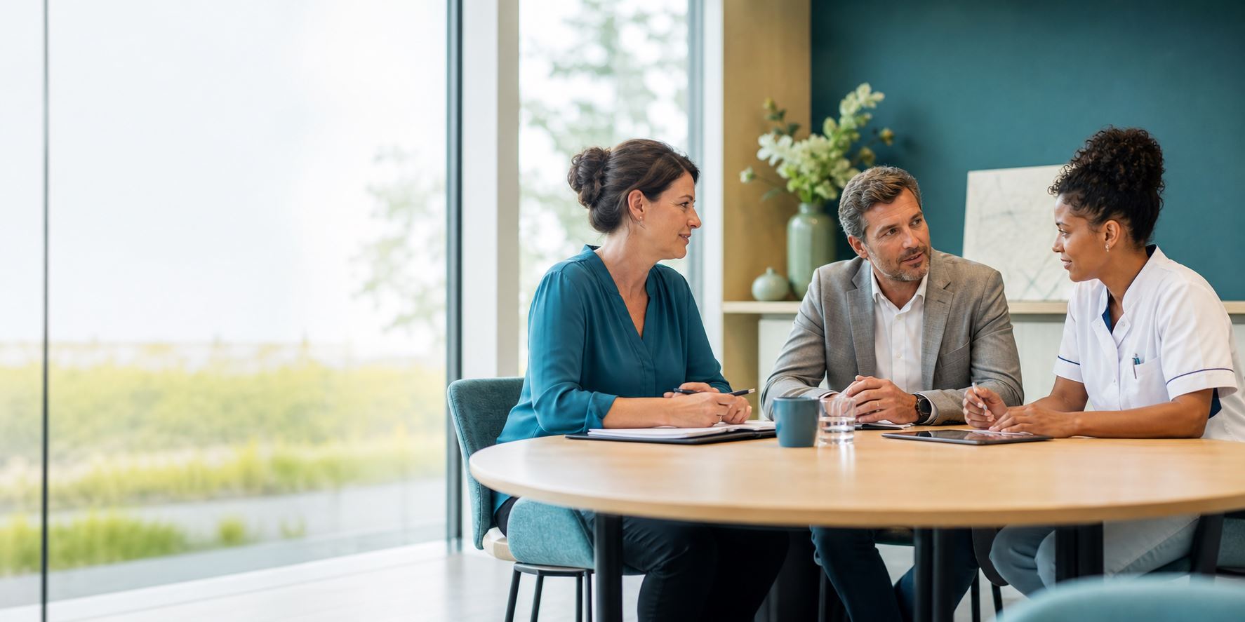 Zorgprofessionals in gesprek bij een zorgorganisatie